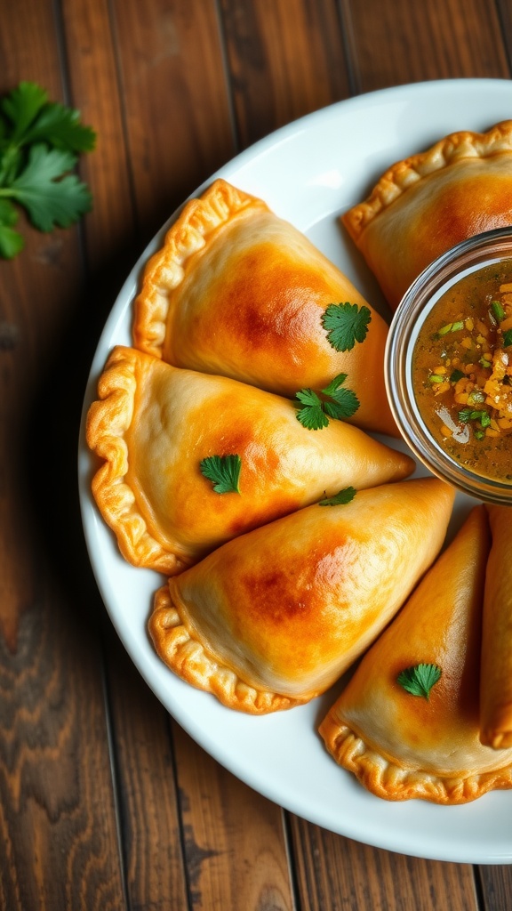 Savory Tuna Empanadas Recipe Golden tuna empanadas on a plate, served with dipping sauce and garnished with parsley.